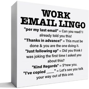 Funny Office Desk Decor Wooden Sign, Sarcastic Office Decoration for Work Women Men, Gifts for Coworker Colleague Boss, Work Email Lingo