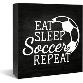 Funny Soccer Wooden Box Sign, Eat Sleep Soccer Repeat, Soccer Theme Motivational Table Sign, Soccer Room Decor, soccer centerpieces for table, Home Office Desk Bedroom Cubicle Shelf 5 x 5 Inch