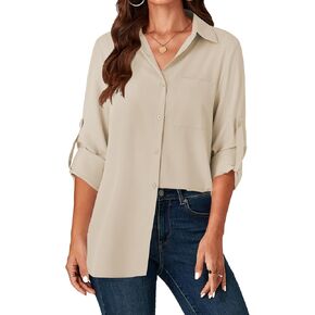 LYANER Women's Button Down Shirts Casual Long Sleeve Dress Shirt Roll Up Collared Work Blouse Top with Pocket