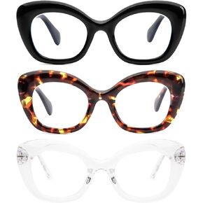 REAVEE 3 Pack Oversized Cat Eye Reading Glasses for Women men Thick Frame, Blue Light Blocking Readers Stylish Large Eyewear