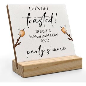 Summer Wedding Desk Decor, S'mores Station Sign, Smore Bar Sign Wood Plaque, Let's Get Toasted Roast a Marshmallow Wooden Plaque Sign with Wood Stand for Outdoor Party Rustic Wedding