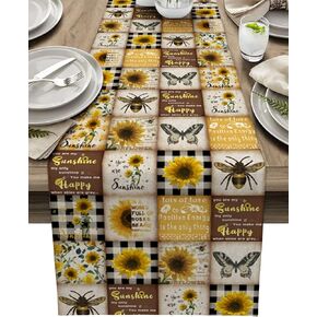T&H XHome Linen Table Runner 48 Inches Long Sunflower Butterfly Bee Buffalo Plaid Rustic Table Runnes for Party Dining Room Dresser Farmhouse Wedding Banquet Home Decorations 13x48Inches
