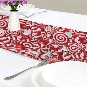 Christmas Candy Canes Table Runner 70 inches Sugar Red Sweets Runner for Dining Table Seasonal Holiday Decor Washable Kitchen