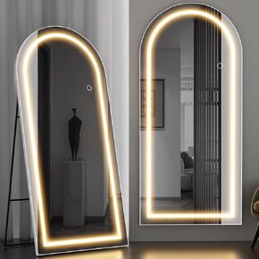 65"x30" Arched Full Length Mirror with Lights, LED Mirror Full Length with Stands, Free Standing/Wall Mounted/Leaning Full Body Arched Mirrors