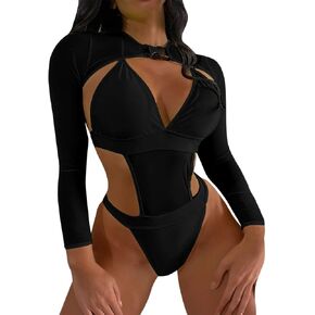 Women 2Pc Swimsuits Cutout Rave Outfit Halter Monokini Bodysuit Long Sleeve Buckle Shrugs Crop Top Cover ups