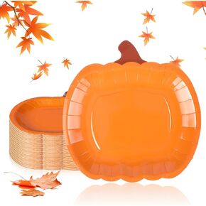 Dandat 50 Pcs Fall Pumpkin Paper Plates 9 Inch Autumn Disposable Plates Thanksgiving Harvest Party Plates Orange Round Dinner Plates Halloween Party Favors for Kitchen Home Dining Supplies