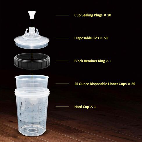 Paint Cups, Paint Mixing Cups for Automotive Paint Gun, Body Repair Paint Spray Guns, 20 Ounce Spray Gun Cup kit with 50 Inner Cups, 50 Lids, 20 Stopper, 1 Outer Cup, 1 Black Circle in Saudi Arabia