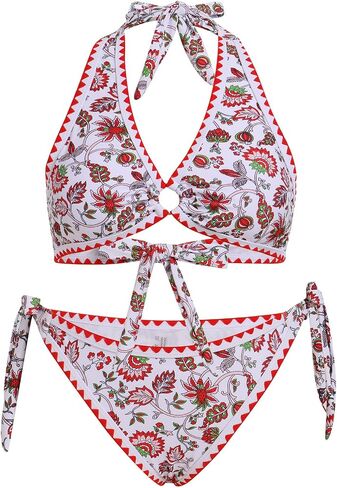 Two Pieces Floral Swimsuit for Women Self Tie Sexy Triangle Thong Bikini Set Low Rise Push Up O Ring Bathing Suit in Saudi Arabia