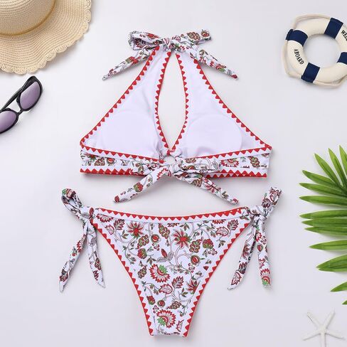 Two Pieces Floral Swimsuit for Women Self Tie Sexy Triangle Thong Bikini Set Low Rise Push Up O Ring Bathing Suit in Saudi Arabia