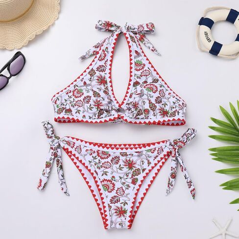Two Pieces Floral Swimsuit for Women Self Tie Sexy Triangle Thong Bikini Set Low Rise Push Up O Ring Bathing Suit in Saudi Arabia