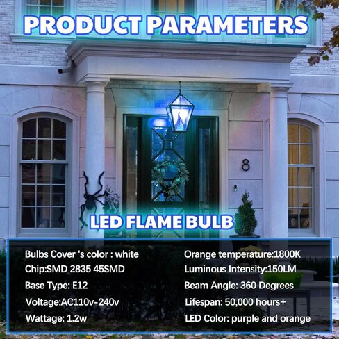 VIHOSE 4 قطع E12 LED لمبات إضاءة اللهب 3 أوضاع وامضة لمبة إضاءة E12 شمعدان قاعدة شمع لهب مصباح الهالوين وحفلات عيد الميلاد في الأماكن المغلقة والخارجية، 1.2 واط، 1800 ك (أرجواني، برتقالي) in Kuwait