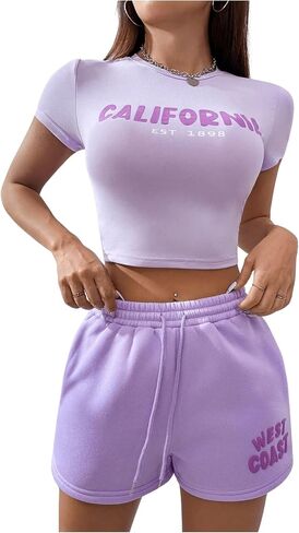 GORGLITTER Women's 2 Piece Letter Graphic Outfit Crewneck Crop Tee Drawstring Waist Shorts Set in Saudi Arabia
