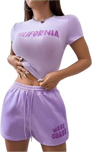 GORGLITTER Women's 2 Piece Letter Graphic Outfit Crewneck Crop Tee Drawstring Waist Shorts Set in Saudi Arabia