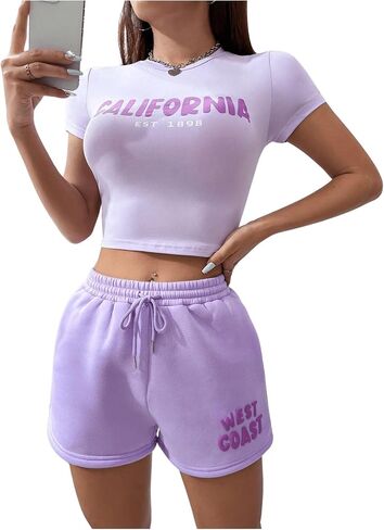 GORGLITTER Women's 2 Piece Letter Graphic Outfit Crewneck Crop Tee Drawstring Waist Shorts Set in Saudi Arabia