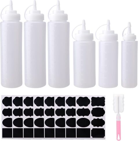 6pcs Squeeze Bottle for Sauce,Sauce Bottles Included 8 Labels and 1 Cleaning Brush,Multipurpose Squirt Bottles for Ketchup,Condiments,BBQ Sauce,Dressing,Barbecue,Grilling,Crafts,Syrup in Saudi Arabia