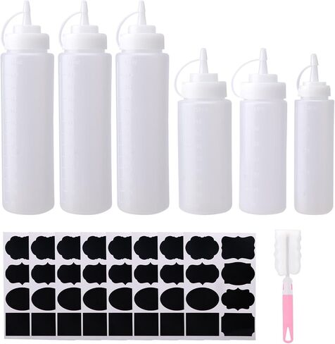 6 قطع زجاجة ضغط للصلصة، زجاجات الصلصة تتضمن 8 ملصقات وفرشاة تنظيف واحدة، زجاجات رش متعددة الأغراض للكاتشب والتوابل وصلصة الشواء والملابس والشواء والشواء والحرف اليدوية والشراب in Kuwait