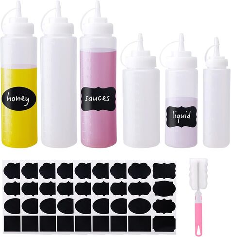 6 قطع زجاجة ضغط للصلصة، زجاجات الصلصة تتضمن 8 ملصقات وفرشاة تنظيف واحدة، زجاجات رش متعددة الأغراض للكاتشب والتوابل وصلصة الشواء والملابس والشواء والشواء والحرف اليدوية والشراب in Kuwait