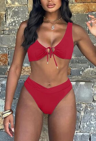 Women Sexy Tie Front Cutout Push Up Bikini Set Cheeky V Crossover High Waisted Tummy Control Swimsuit 2 Piece in Saudi Arabia