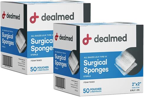 Dealmed 2" x 2" All Gauze Surgical Sponges, 8-Ply Sterile Woven Gauze Pad Wound Care for First Aid Kit and Medical Facilities, 2 Sponges/Pouch, 50 Pouches/Box (Pack of 2) in Kuwait