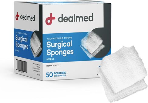 Dealmed 2" x 2" All Gauze Surgical Sponges, 8-Ply Sterile Woven Gauze Pad Wound Care for First Aid Kit and Medical Facilities, 2 Sponges/Pouch, 50 Pouches/Box (Pack of 2) in Kuwait
