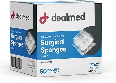 Dealmed 2" x 2" All Gauze Surgical Sponges, 8-Ply Sterile Woven Gauze Pad Wound Care for First Aid Kit and Medical Facilities, 2 Sponges/Pouch, 50 Pouches/Box (Pack of 2) in Kuwait