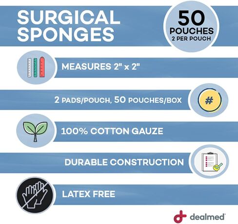 Dealmed 2" x 2" All Gauze Surgical Sponges, 8-Ply Sterile Woven Gauze Pad Wound Care for First Aid Kit and Medical Facilities, 2 Sponges/Pouch, 50 Pouches/Box (Pack of 2) in Kuwait