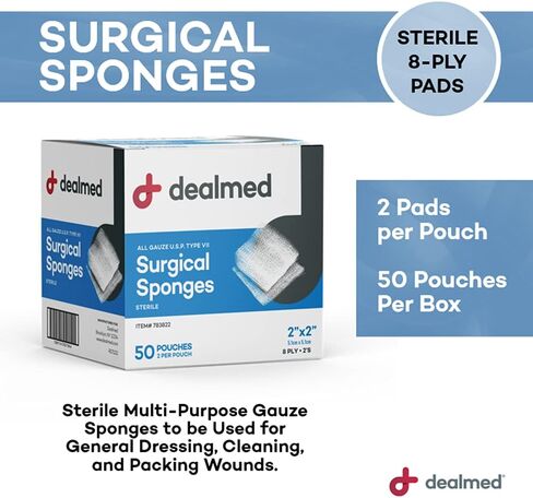 Dealmed 2" x 2" All Gauze Surgical Sponges, 8-Ply Sterile Woven Gauze Pad Wound Care for First Aid Kit and Medical Facilities, 2 Sponges/Pouch, 50 Pouches/Box (Pack of 2) in Kuwait