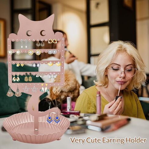 WOXBITA حامل القرط معلق منظم حامل المجوهرات رف معدني لطيف شجرة القط الجرف ديكور الغرفة الجدول الأذن مسمار حامل عرض برج مع صينية تخزين حلقة للمراهقين الفتيات الأطفال عشاق القطط in Kuwait