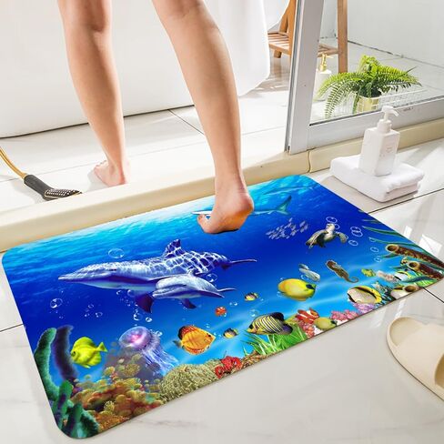 WODEJIA Flannel Mat Non Slip 3D Print for Bedside and Living Room,Clearance MatS Absorbent Moisture Dust Forlaundry Room,Bath Rugs Sponge Foam Soft for Bathroom (Submarine Fish School Theme) in Saudi Arabia
