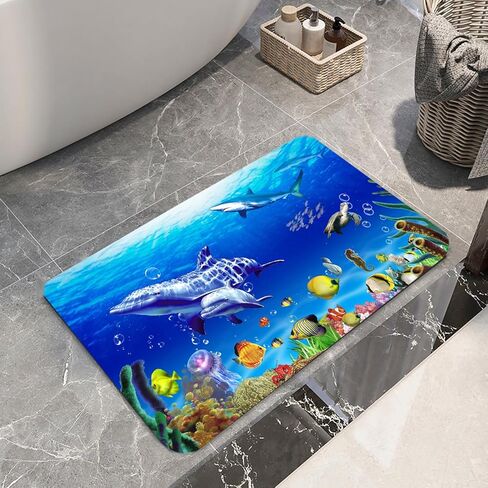 WODEJIA Flannel Mat Non Slip 3D Print for Bedside and Living Room,Clearance MatS Absorbent Moisture Dust Forlaundry Room,Bath Rugs Sponge Foam Soft for Bathroom (Submarine Fish School Theme) in Saudi Arabia
