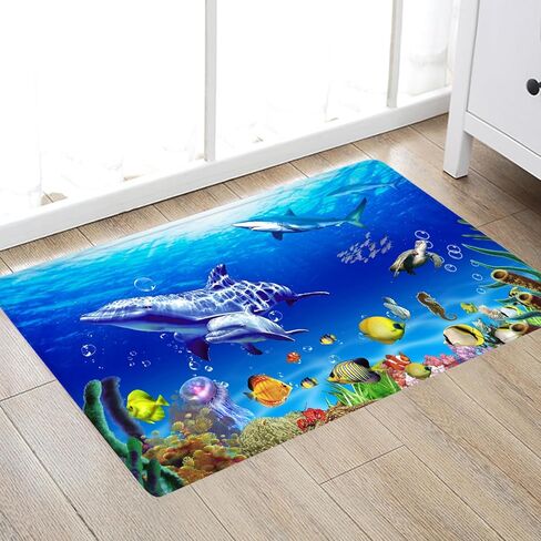 WODEJIA Flannel Mat Non Slip 3D Print for Bedside and Living Room,Clearance MatS Absorbent Moisture Dust Forlaundry Room,Bath Rugs Sponge Foam Soft for Bathroom (Submarine Fish School Theme) in Saudi Arabia