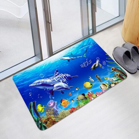 WODEJIA Flannel Mat Non Slip 3D Print for Bedside and Living Room,Clearance MatS Absorbent Moisture Dust Forlaundry Room,Bath Rugs Sponge Foam Soft for Bathroom (Submarine Fish School Theme) in Saudi Arabia
