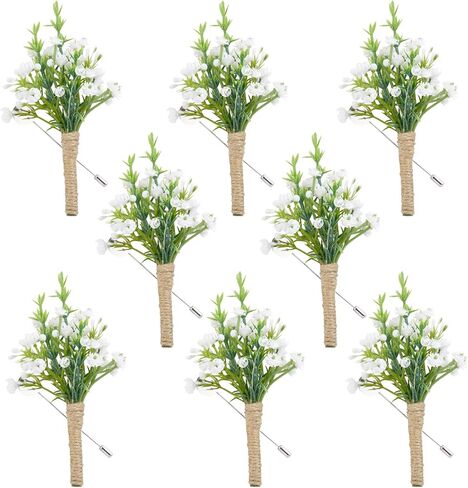 White Boutonniere Corsage Set Wedding : Baby Breath Artificial Flower Corsage Bouquet Set of 6 Boutonniere Bulk Groom Groomsmen Boutonniere for Wedding Prom Homecoming in Saudi Arabia