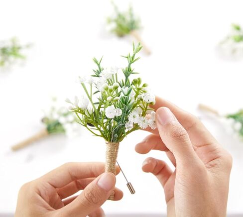 White Boutonniere Corsage Set Wedding : Baby Breath Artificial Flower Corsage Bouquet Set of 6 Boutonniere Bulk Groom Groomsmen Boutonniere for Wedding Prom Homecoming in Saudi Arabia
