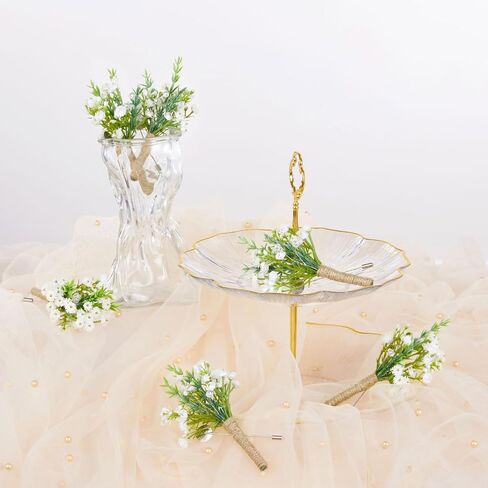 White Boutonniere Corsage Set Wedding : Baby Breath Artificial Flower Corsage Bouquet Set of 6 Boutonniere Bulk Groom Groomsmen Boutonniere for Wedding Prom Homecoming in Saudi Arabia