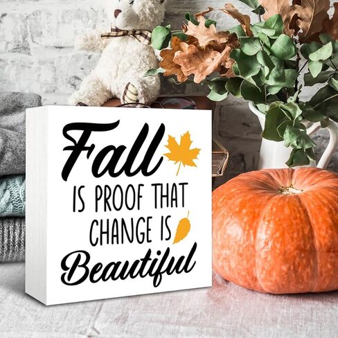 علامة خشب الخريف، علامة صندوق ريفي ديكور سطح الطاولة، عمل فني خريفي لديكور المكتب، ديكور أوراق القيقب، ديكور منزل المزرعة، الخريف دليل على أن التغيير جميل لوحة خشبية 5 * 5 بوصة in Kuwait