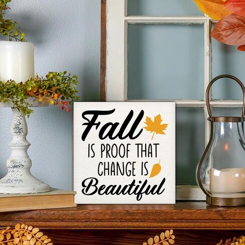 علامة خشب الخريف، علامة صندوق ريفي ديكور سطح الطاولة، عمل فني خريفي لديكور المكتب، ديكور أوراق القيقب، ديكور منزل المزرعة، الخريف دليل على أن التغيير جميل لوحة خشبية 5 * 5 بوصة in Kuwait