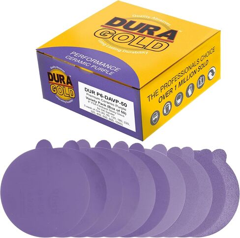 Dura-Gold Premium 6" PSA Purple Film Ceramic Sanding Discs, 50 Disc Variety Pack, Grits 60, 80, 120, 180, 220, 320, 400, 600, 800, 1000 - Self Adhesive Stickyback Sandpaper, DA & Random Orbital Sander in Kuwait