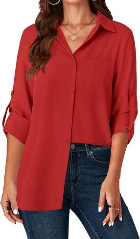 LYANER Women's Button Down Shirts Casual Long Sleeve Dress Shirt Roll Up Collared Work Blouse Top with Pocket in Saudi Arabia