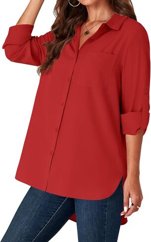 LYANER Women's Button Down Shirts Casual Long Sleeve Dress Shirt Roll Up Collared Work Blouse Top with Pocket in Saudi Arabia