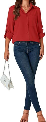 LYANER Women's Button Down Shirts Casual Long Sleeve Dress Shirt Roll Up Collared Work Blouse Top with Pocket in Saudi Arabia