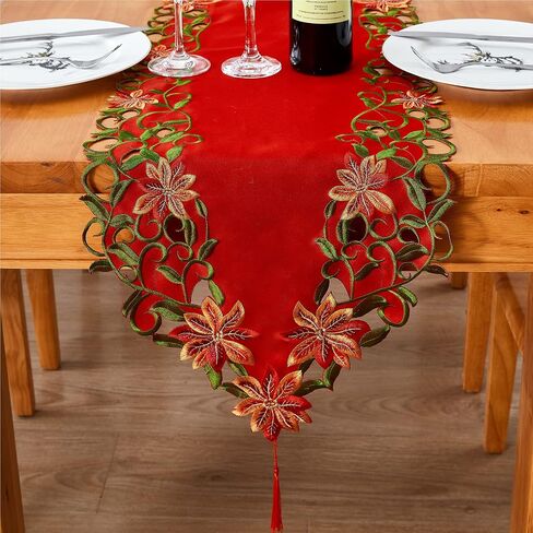 Christmas Embroidered Table Runners Cutwork Green Leaves Holiday Table Linens for Christmas Decorations 15x87 Inch in Saudi Arabia