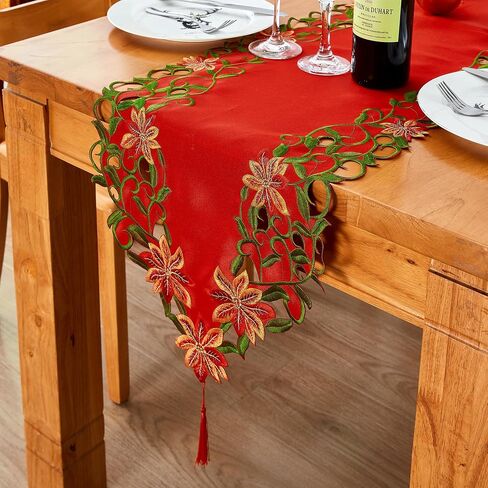 Christmas Embroidered Table Runners Cutwork Green Leaves Holiday Table Linens for Christmas Decorations 15x87 Inch in Saudi Arabia