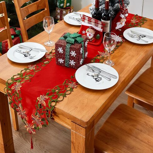 Christmas Embroidered Table Runners Cutwork Green Leaves Holiday Table Linens for Christmas Decorations 15x87 Inch in Saudi Arabia