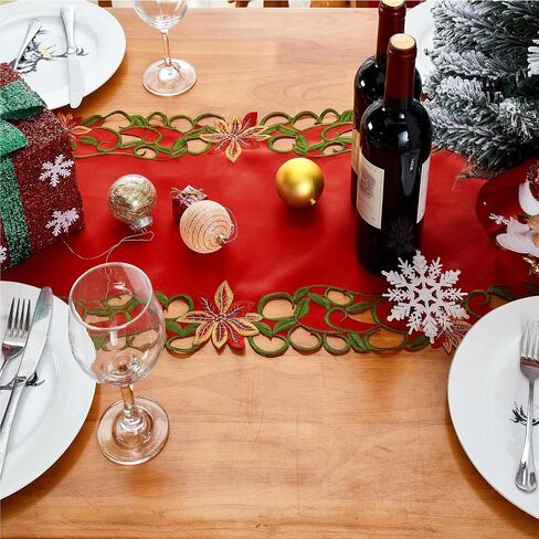 Christmas Embroidered Table Runners Cutwork Green Leaves Holiday Table Linens for Christmas Decorations 15x87 Inch in Saudi Arabia