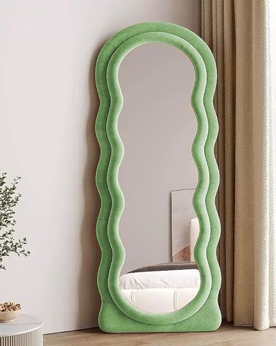 63" x 24" Full Length Mirror with Stand, Full Length Mirror Wall Mounted, Floor Mirror, Irregular Wavy Mirror, Flannel Wrapped Wooden Frame Mirror, Full Body Mirror, Green in Saudi Arabia