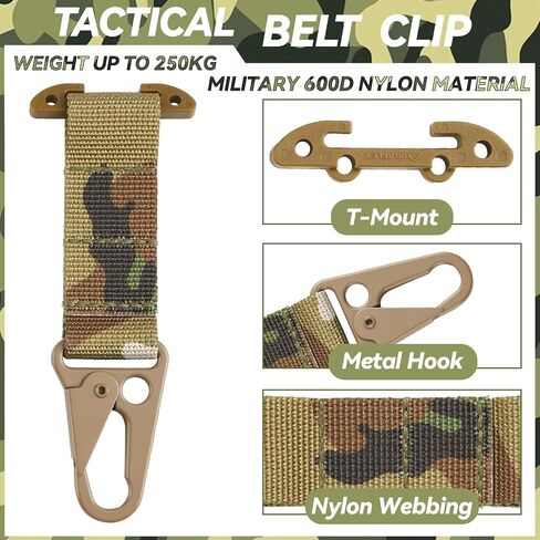 Tactical Belt Clip T-Mount Molle Clip Molle Bag Clip Tactical Clash Hook Hanging Carabiner, MOLLE Webbing Belt Clip with Metal Hook for Tactical Backpack Vest Belt (Woodland Multicam) in Saudi Arabia
