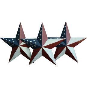 CVHOMEDECO. Country Retro Gifts American Flag Metal Barn Star Wall/Door Decor, 8-Inch, Set of 3.
