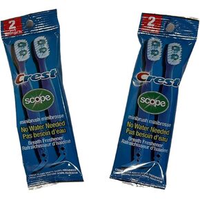 Crest Scope Mini Brushes Disposable Toothbrushes with Toothpaste & Pick for Work & Travel 2 Packs of 2 Brushes Each Pack (Total 4 Brushes)