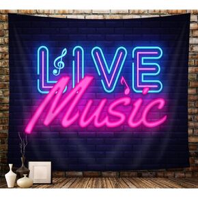Live Music Neon Tapesty, Retro Style 80 90s Tapestry for Bedroom Aesthetic, Nightly Banner Video Musical Note Words Glow in The Dark on Brick Wall for Teen Boy Girl Tapestries for Gaming Room, 60X40in